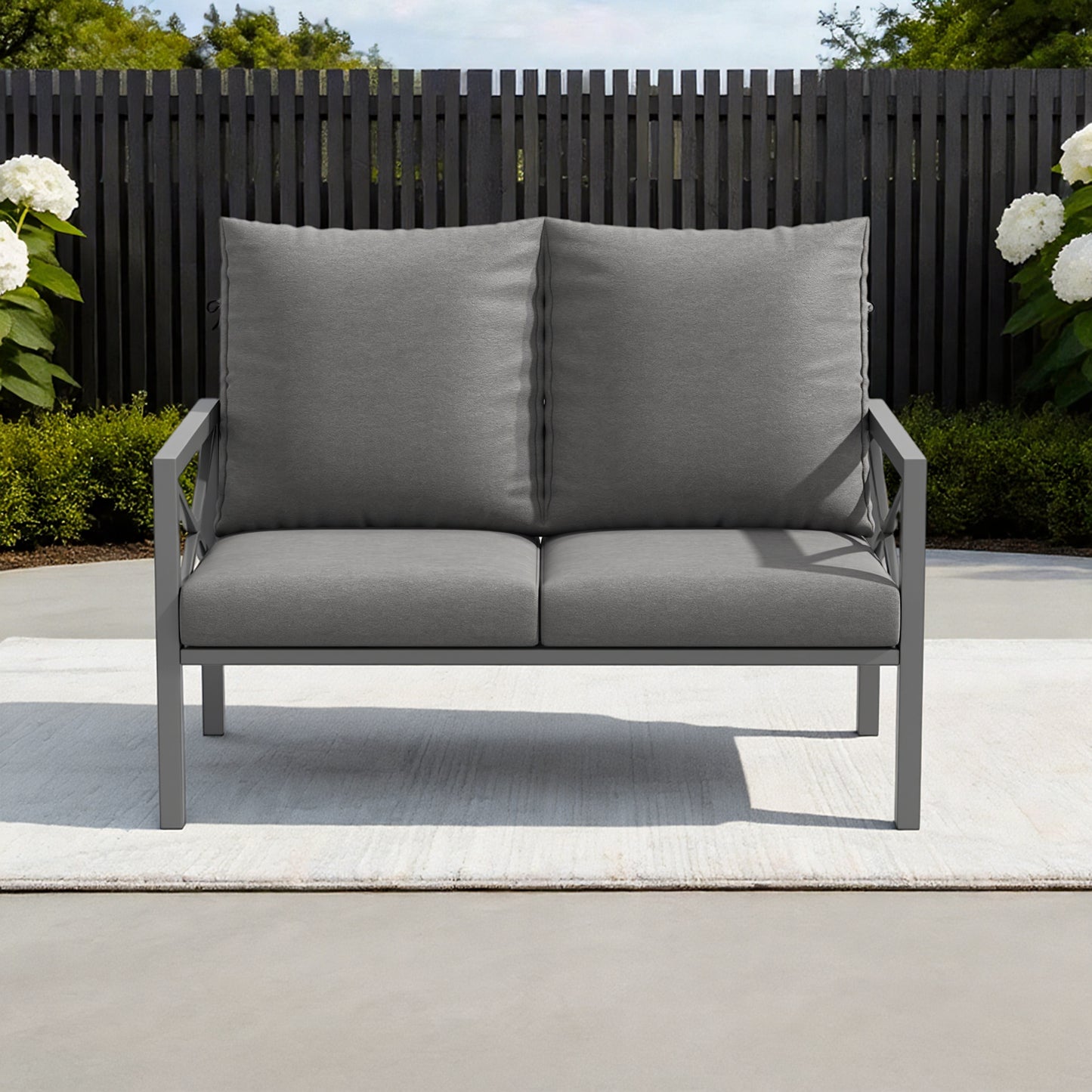DELMANGO 2 Pieces Patio Furniture Set, Cushioned Loveseat 2 Seats Sofa Bench with Metal Coffee Table, Grey