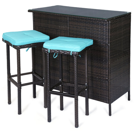 DELMANGO 3 Piece Patio Bar Set with 2 Storage Shelves, Glass Top Table, Two Cushioned Stools,Outside Bars for Patio Entertainment, Blue