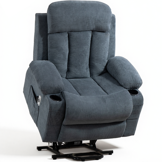 DELMANGO Power Lift Recliner Chair for Elderly, Electric Oversized Reclining Sofa with Vibration Massage & Heat, Cup Holder and USB Charging Port for Living Room, Blue