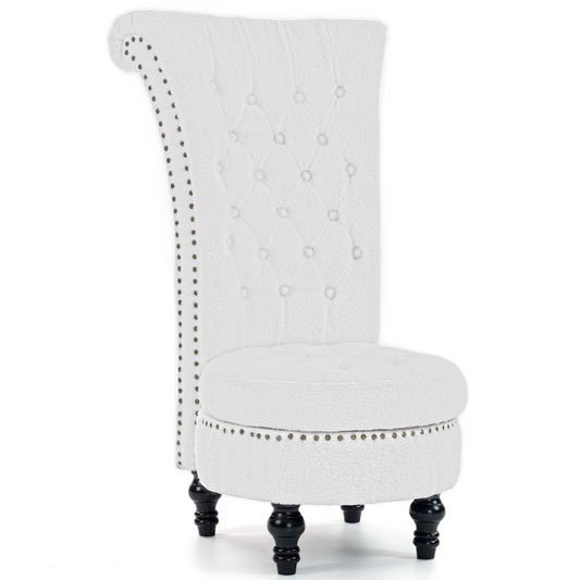 DELMANGO Teddy Throne Chair with Storage, Armless High-Back Accent Chair with Nailhead Trim & Solid Rubberwood Legs, for Living Room and Bedroom, White