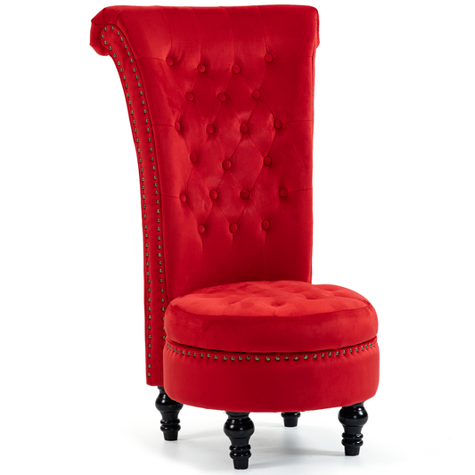 DELMANGO Velvet Throne Chair with Storage, Armless High-Back Accent Chair with Nailhead Trim & Solid Rubberwood Legs, for Living Room and Bedroom, Red