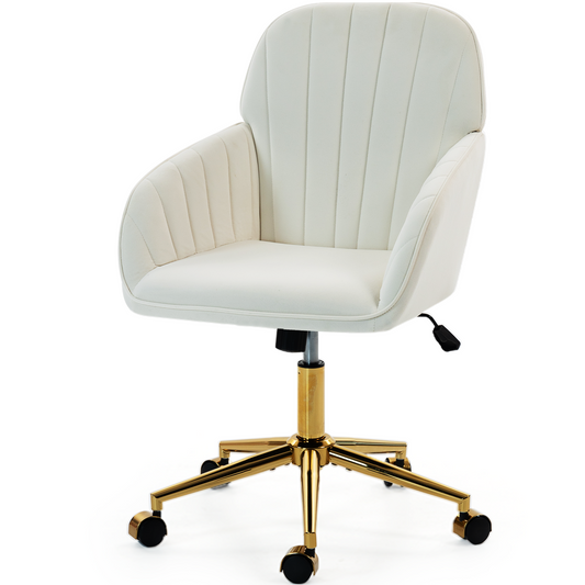 DELMANGO Velvet Adjustable Desk Chair with Gold Base & Wheels, Modern Swivel Vanity Office Chair for Home, Living Room, Bedroom & Study, Beige