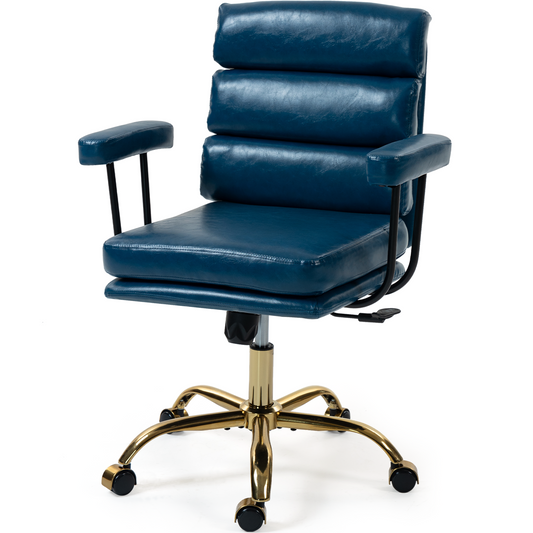 DELMANGO Faux Leather Home Office Desk Chair with Padded Seat & Armrests, Gold Base Vanity Swivel Chair with Adjustable Height and Wheels, Blue