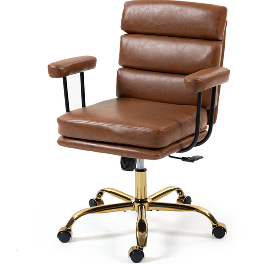 DELMANGO Faux Leather Home Office Desk Chair with Padded Seat & Armrests, Gold Base Vanity Swivel Chair with Adjustable Height and Wheels, Brown