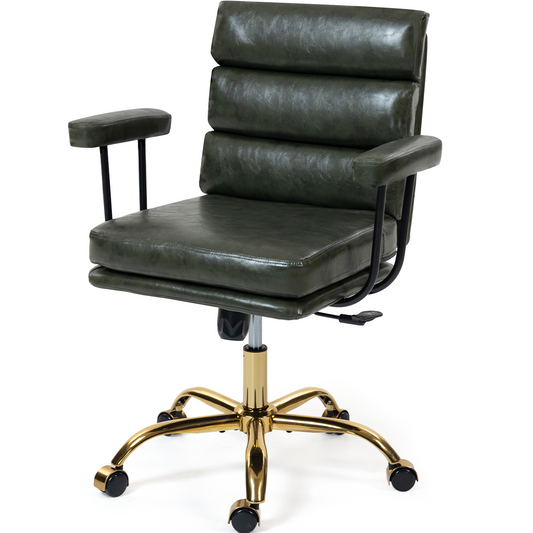 DELMANGO Faux Leather Home Office Desk Chair with Padded Seat & Armrests, Gold Base Vanity Swivel Chair with Adjustable Height and Wheels, Green