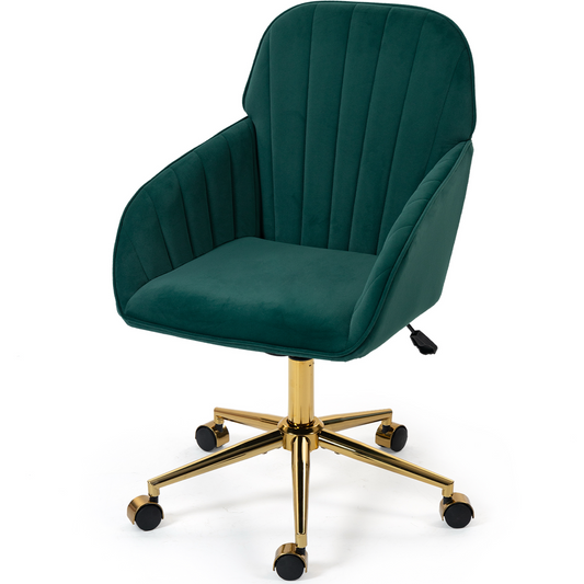 DELMANGO Velvet Adjustable Desk Chair with Gold Base & Wheels, Modern Swivel Vanity Office Chair for Home, Living Room, Bedroom & Study, Green
