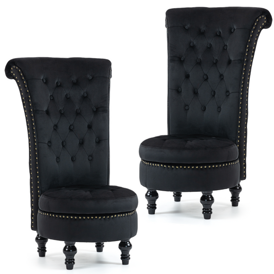 DELMANGO Set of 2 Velvet Throne Chair with Storage, Armless High-Back Accent Chair with Nailhead Trim & Solid Rubberwood Legs, for Living Room and Bedroom, Black