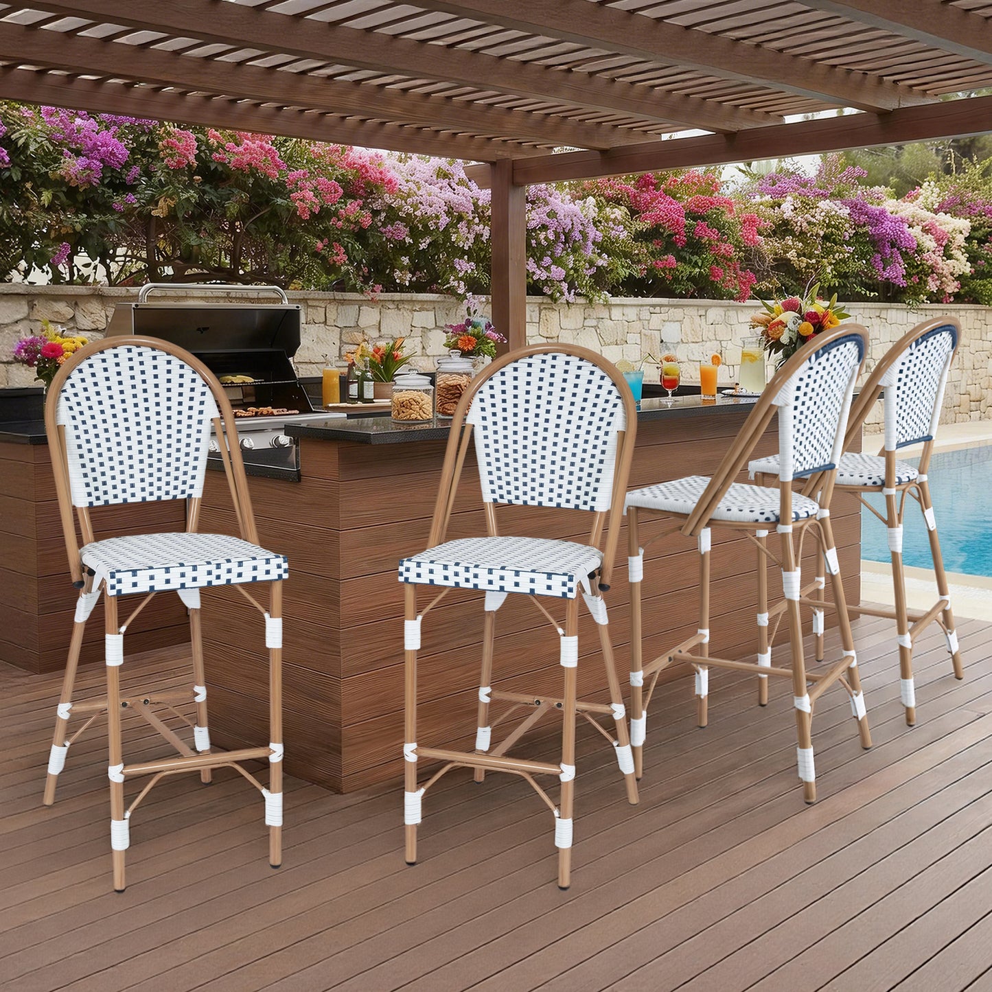 DELMANGO Bar Stool Set of 4 with Wood Print Finish French Counter Height Patio Rattan Bar Stool Chairs for Porch Garden Indoor Kitchen, White/Blue