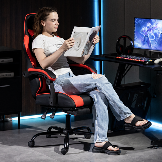 DELMANGO Ergonomic Reclining Gaming Chair with Linkage Armrests & Footrest, Racing Style Office Chair, PU Leather Computer Desk Chair, Red