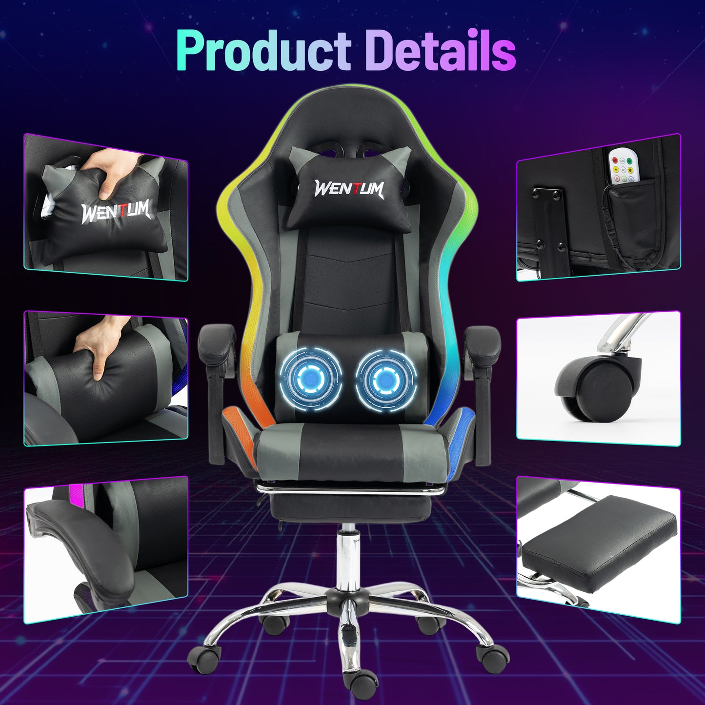 DELMANGO Gaming Chair,Racing Style RGB LED Lights Gaming Chair with Footrest and Massage Lumbar Support ,High Back Reclining Computer Chair for Adults and Kids Gray/Black