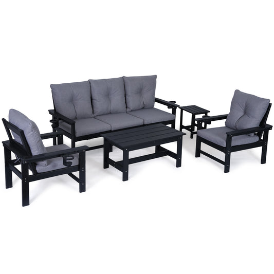 DELMANGO Patio Furniture Sets,7 Pieces Outdoor Conversation Set with Removable Washable Cushion,Wood Tepoy and Table Black