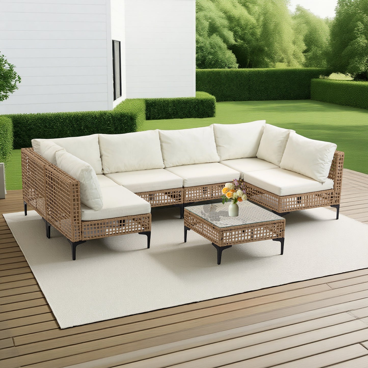 Delmango 7 Pieces Patio Furniture Set Boho Wicker Rattan Outdoor Sectional Sofa Set with Cushions & Table for Lawn, Backyard, Porch, Backyard, Porch, Beige