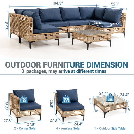 Delmango 7 Pieces Patio Furniture Set Boho Wicker Rattan Outdoor Sectional Sofa Set with Cushions & Table for Lawn, Backyard, Porch, Backyard, Porch, Blue