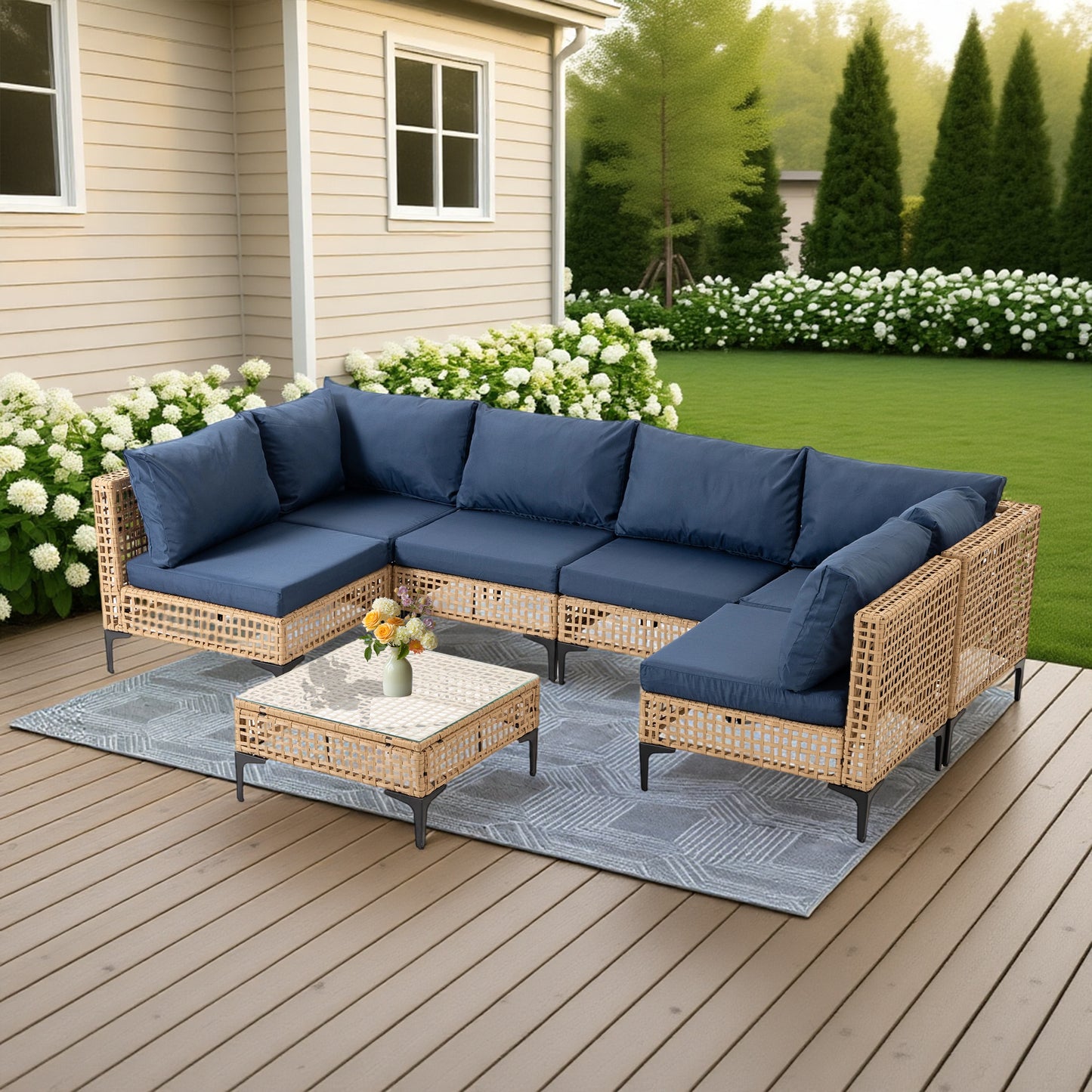 Delmango 7 Pieces Patio Furniture Set Boho Wicker Rattan Outdoor Sectional Sofa Set with Cushions & Table for Lawn, Backyard, Porch, Backyard, Porch, Blue