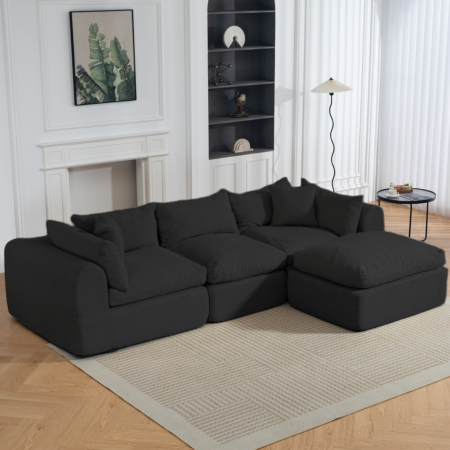 DELMANGO 113 Inch Modular L-Shape Cloud Velvet Sectional Couch, Boneless Convertible Sofa Set with Ottoman, No Assembly, Black