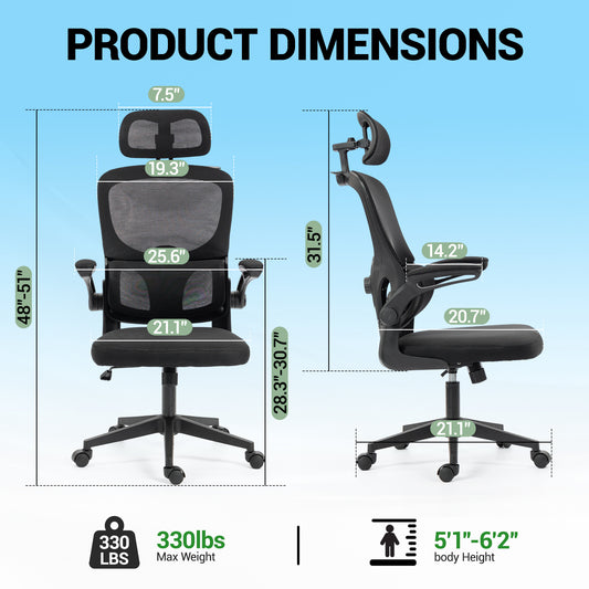 Delmango Office Chair, Ergonomic Desk Chair with Flip-up Arms, Coat Hook, Adjustable Headrest and Lumber Support, Mesh Computer Chair, 330 LBS, Black