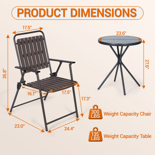 DELMANGO 3 Pieces Patio Furniture Set, Bistro Table and Foldable Chairs, Waterproof Patio Furniture Folding Set, All-Weather outdoor table and chairs, Balcony Furniture for Porch, Yard, Garden, Brown