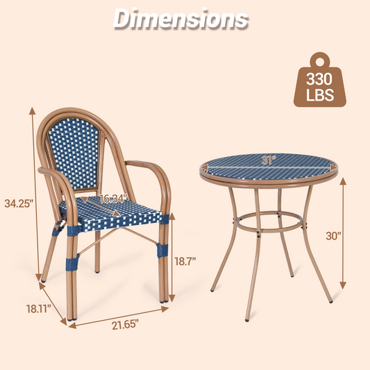 DELMANGO 3 Piece Bistro Table Chair Set, Outdoor Wicker Round Table and 2 Dining Chairs for Garden Balcony Porch, Blue/White