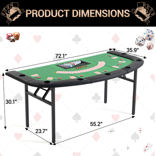 DELMANGO Foldable Poker Table for 7 Players Fan-Shaped Game Table with Cup Holders & Chip Trays, Portable Casino Table for Texas Holdem, Blackjack, Home Game Nights Green