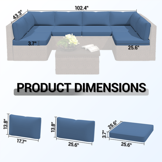DELMANGO Outdoor Replacement Cushions 14-Piece Deep Seat Water-Resistant Patio Furniture Cushions for 6-Seat Sectional Rattan Sets, Blue
