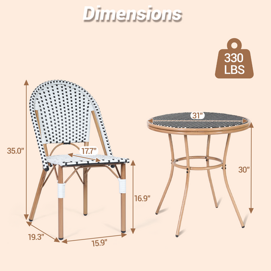 DELMANGO 3 Piece Bistro Table Chair Set, Outdoor Wicker Round Table and 2 Armless Dining Chairs for Garden Balcony Porch, Black/White