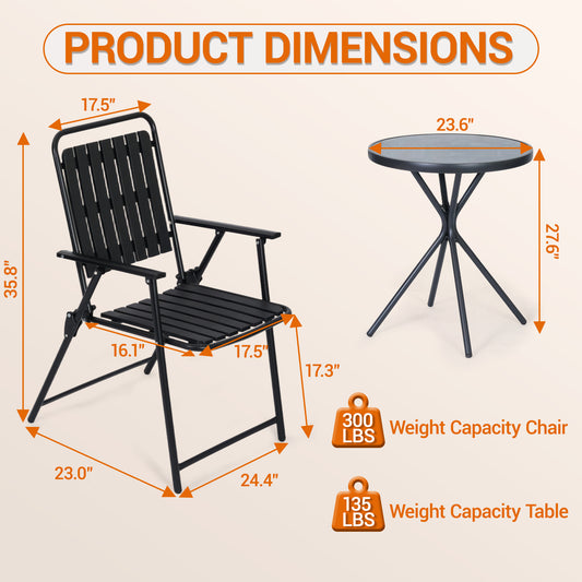DELMANGO 3 Pieces Patio Furniture Set, Bistro Table and Foldable Chairs, Waterproof Patio Furniture Folding Set, All-Weather outdoor table and chairs, Balcony Furniture for Porch, Yard, Garden, Black