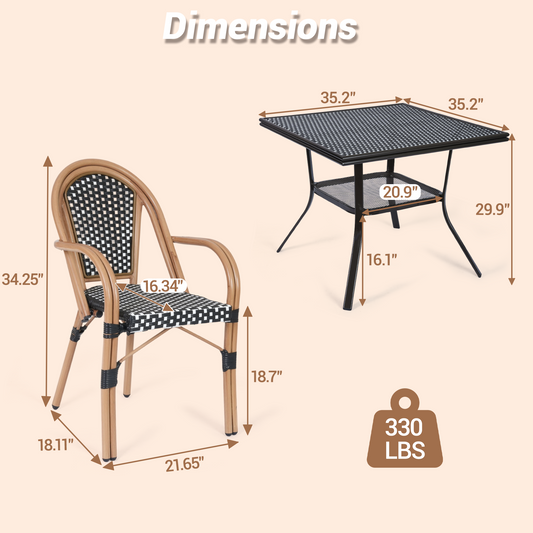 DELMANGO 5 Piece Bistro Table Chair Set, Outdoor Wicker Square Table and 4 Dining Chairs for Garden Balcony Porch, Black/White (Copy)