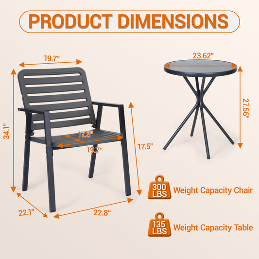DELMANGO 3 Pieces Bistro Table and Chairs, Waterproof Patio Furniture Set, All-Weather Outdoor Table and Chairs, Balcony Furniture for Porch, Yard, Garden, Grey