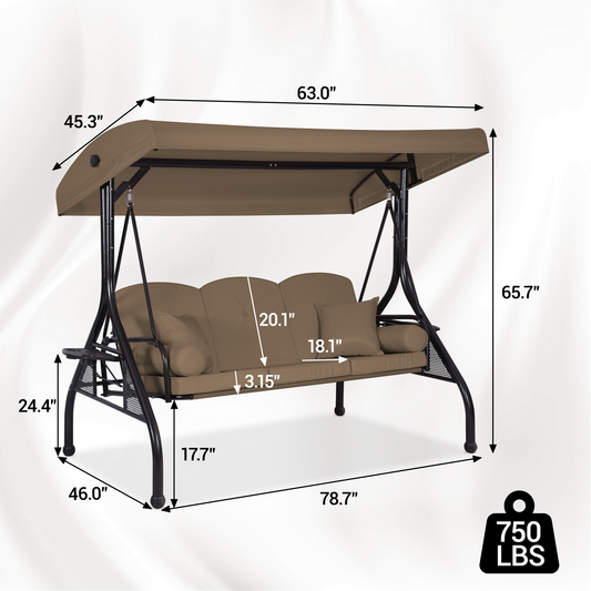 DELMANGO 3-Seat Outdoor Porch Swing with Adjustable Canopy, 2 in 1 Convertible Patio Swing Bed, Patio Glider Swing for Backyard, Brown
