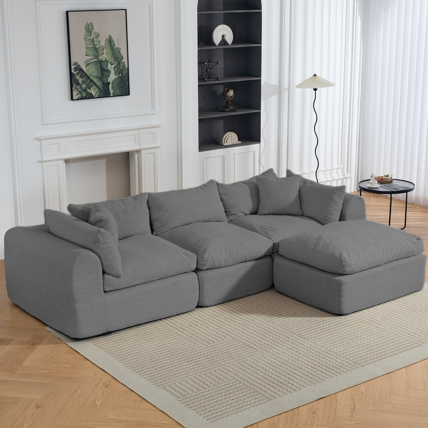 DELMANGO 113 Inch Modular L-Shape Cloud Velvet Sectional Couch, Boneless Convertible Sofa Set with Ottoman, No Assembly, Grey