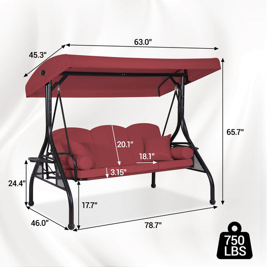 DELMANGO 3-Seat Outdoor Porch Swing with Adjustable Canopy, 2 in 1 Convertible Patio Swing Bed, Patio Glider Swing for Backyard, Red