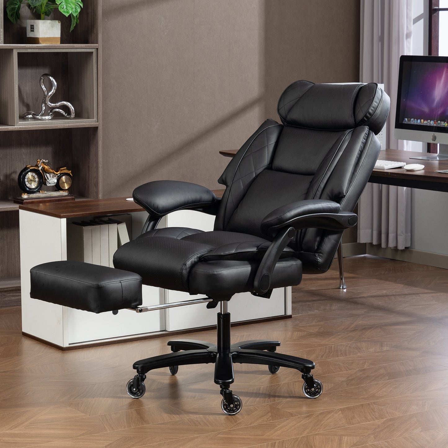 DELMANGO Big and Tall Office Chair, Heavy Duty Executive Office Desk Chair with Footrest, Waist Lumber Support, Adjustable Headrest, Black