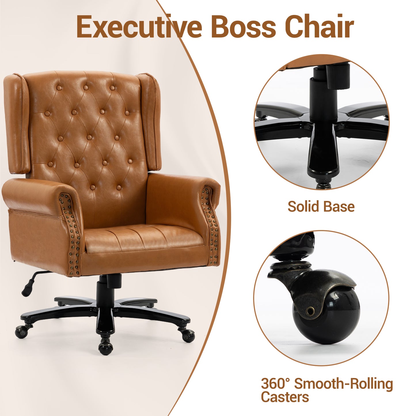 Delmango Vintage PU Leather Office Chair, Wingback Executive Desk Chair with Tufted Back & Nailhead Trim, Wide Seat Rolled Armrests Swivel Task Chair, Heavy Duty 330LBS for Home Office, Brown
