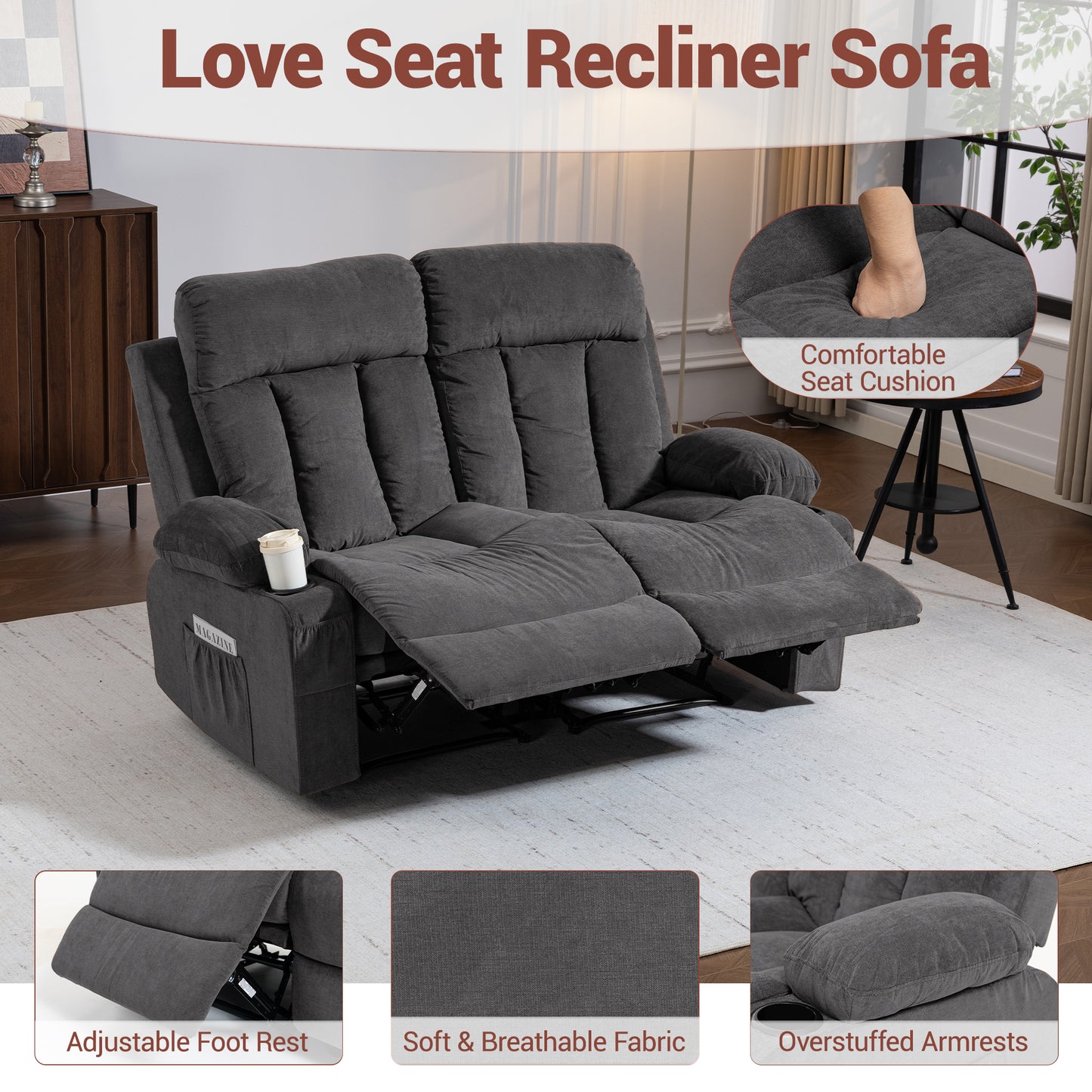 DELMANGO 2-Seater Loveseat Recliner Sofa with Cup Holders, Manual Reclining Dual Seat Couch for Living Room, Home Theater & Small Spaces, Grey