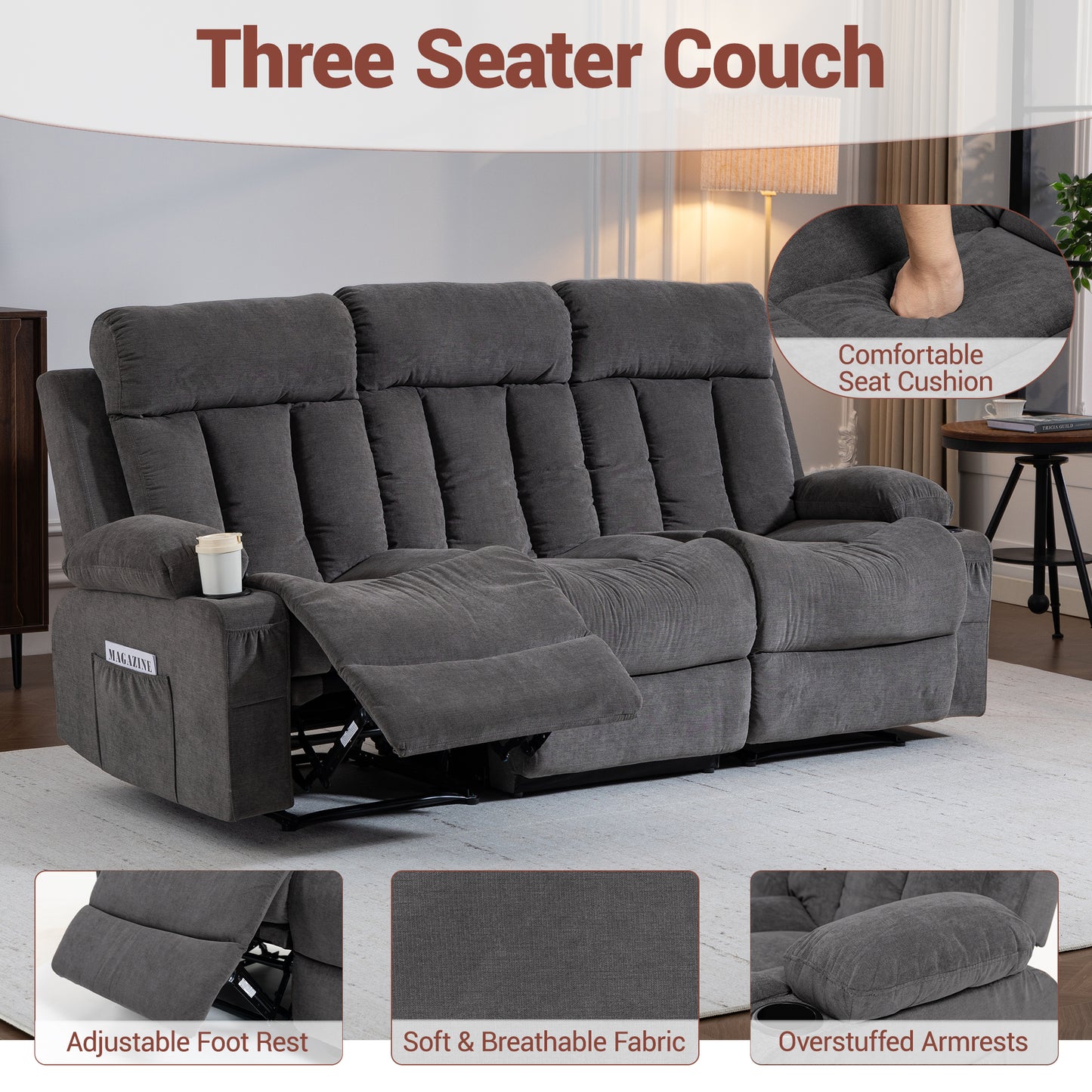 DELMANGO 3-Seater Recliner Sofa Set, Manual Triple Reclining Sofa Couch, 3 Seat Recliner Chair for Living Room, Home Theater & Small Spaces, Grey