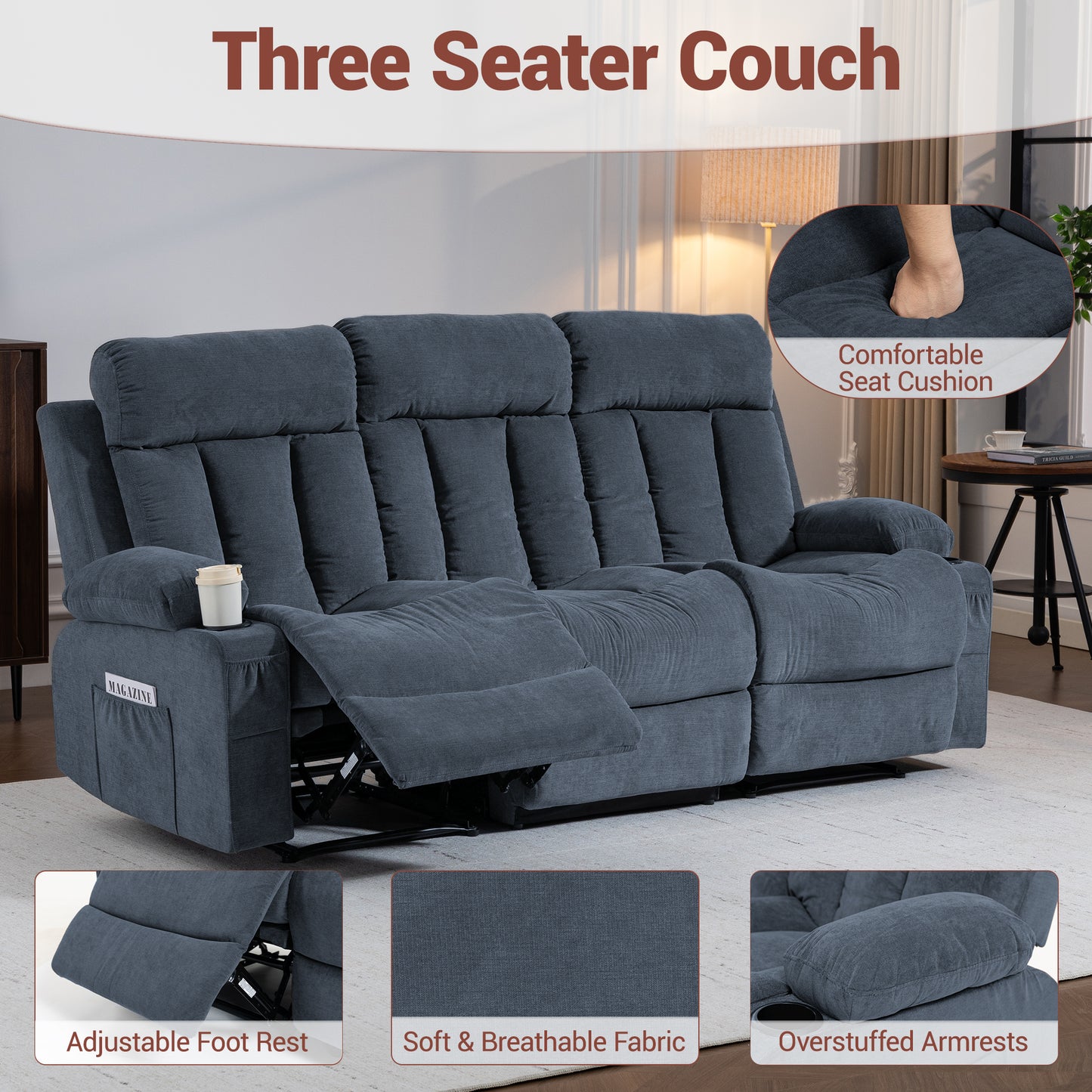 DELMANGO 3-Seater Recliner Sofa Set, Manual Triple Reclining Sofa Couch, 3 Seat Recliner Chair for Living Room, Home Theater & Small Spaces, Blue