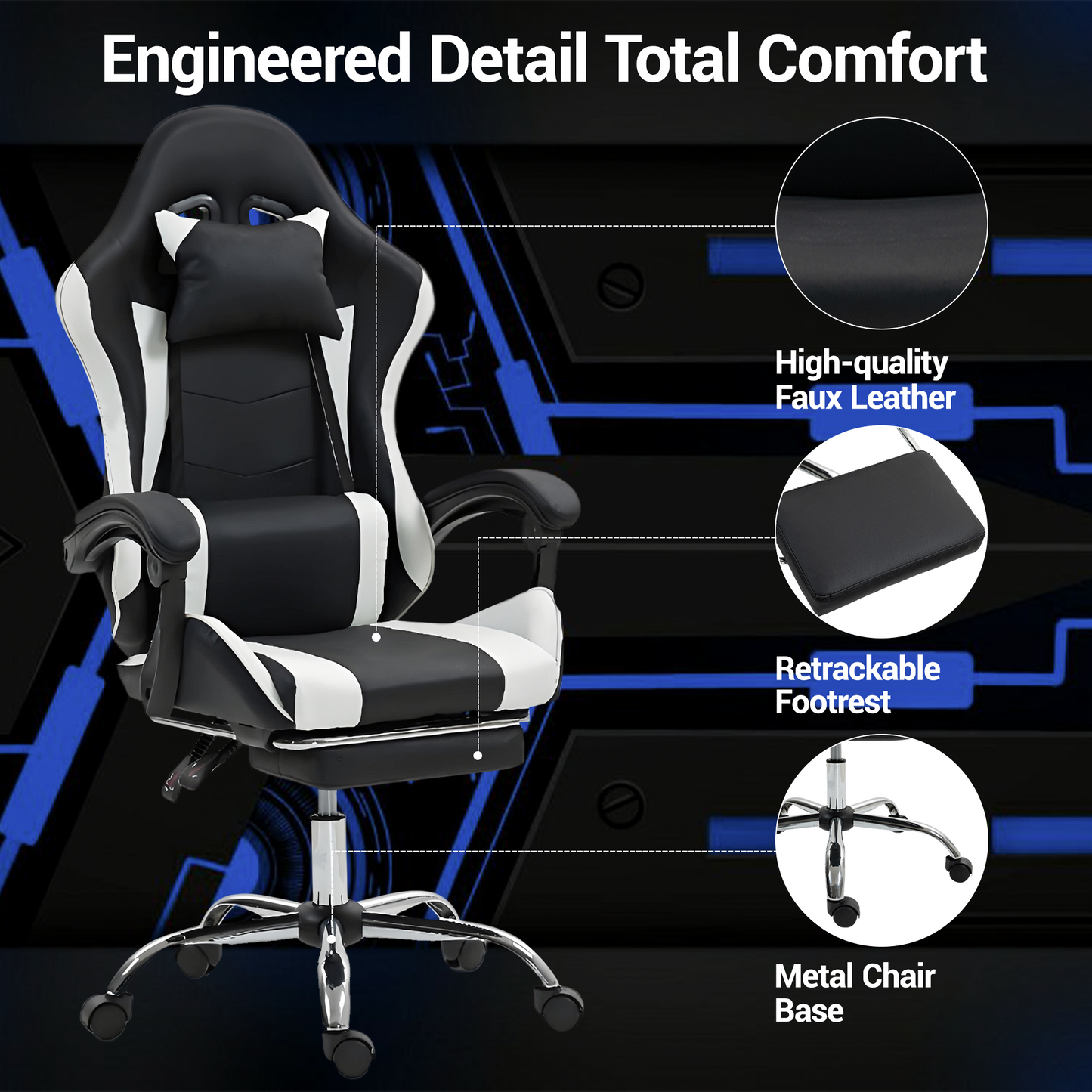 DELMANGO Ergonomic Gaming Chair with Massage Lumbar Support and Adjustable Headrest & Footrest, White