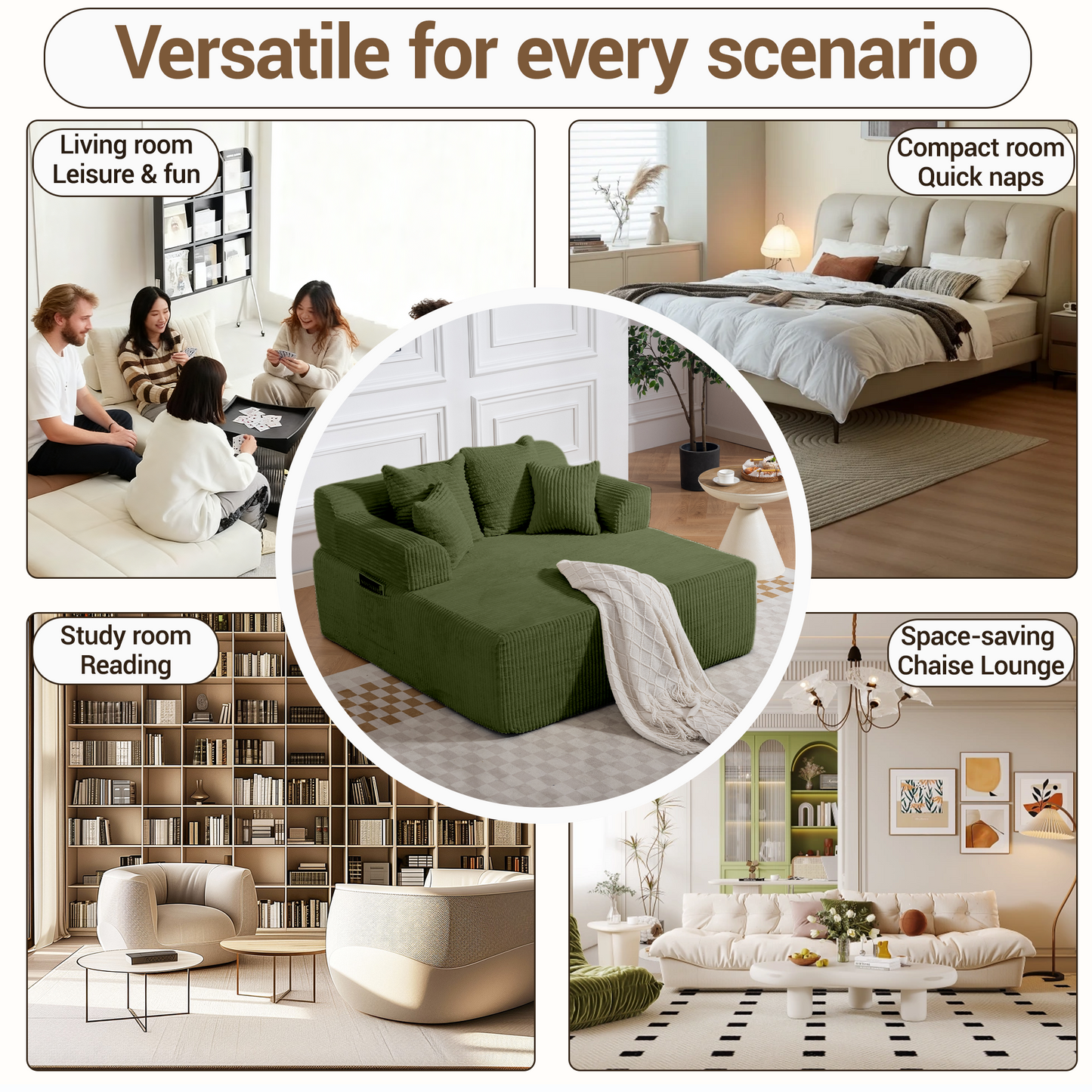 DELMANGO 58" Corduroy Chaise Lounge Chair, Oversized Boneless Sleeper Sofa with Armrests & 4 Pillows, No Assembly, for Living Room, Green