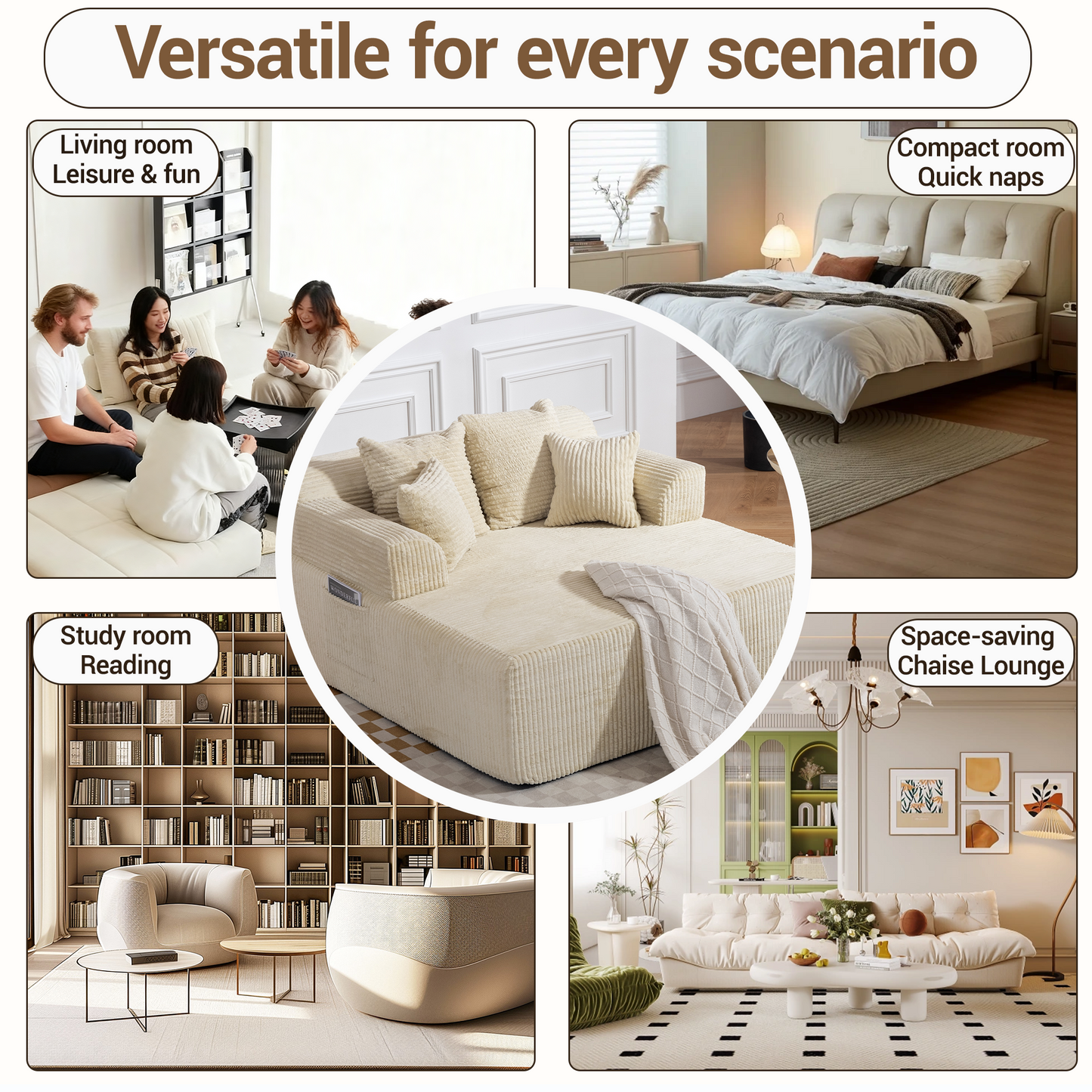 DELMANGO 58" Corduroy Chaise Lounge Chair, Oversized Boneless Sleeper Sofa with Armrests & 4 Pillows, No Assembly, for Living Room, Beige