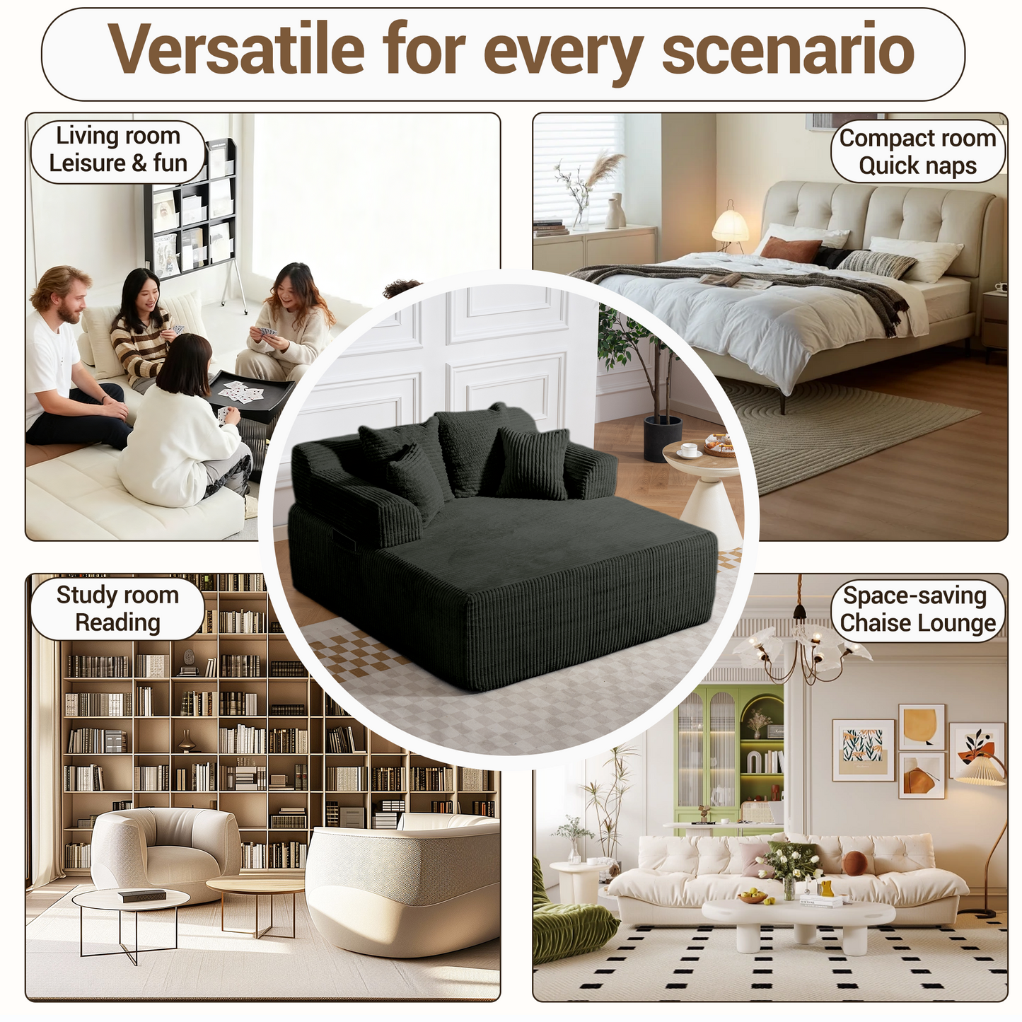 DELMANGO 58" Corduroy Chaise Lounge Chair, Oversized Boneless Sleeper Sofa with Armrests & 4 Pillows, No Assembly, for Living Room, Grey