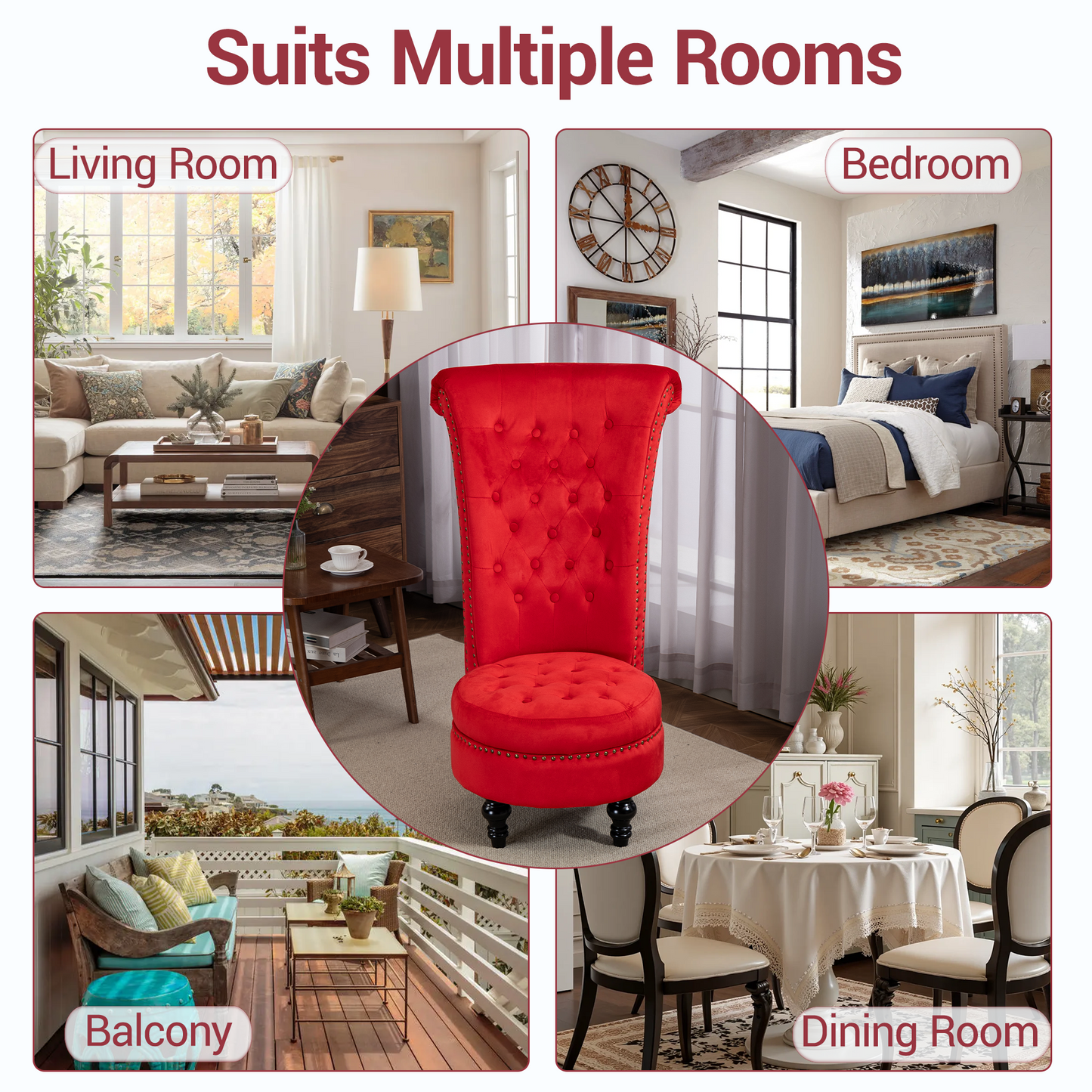 DELMANGO Velvet Throne Chair with Storage, Armless High-Back Accent Chair with Nailhead Trim & Solid Rubberwood Legs, for Living Room and Bedroom, Red