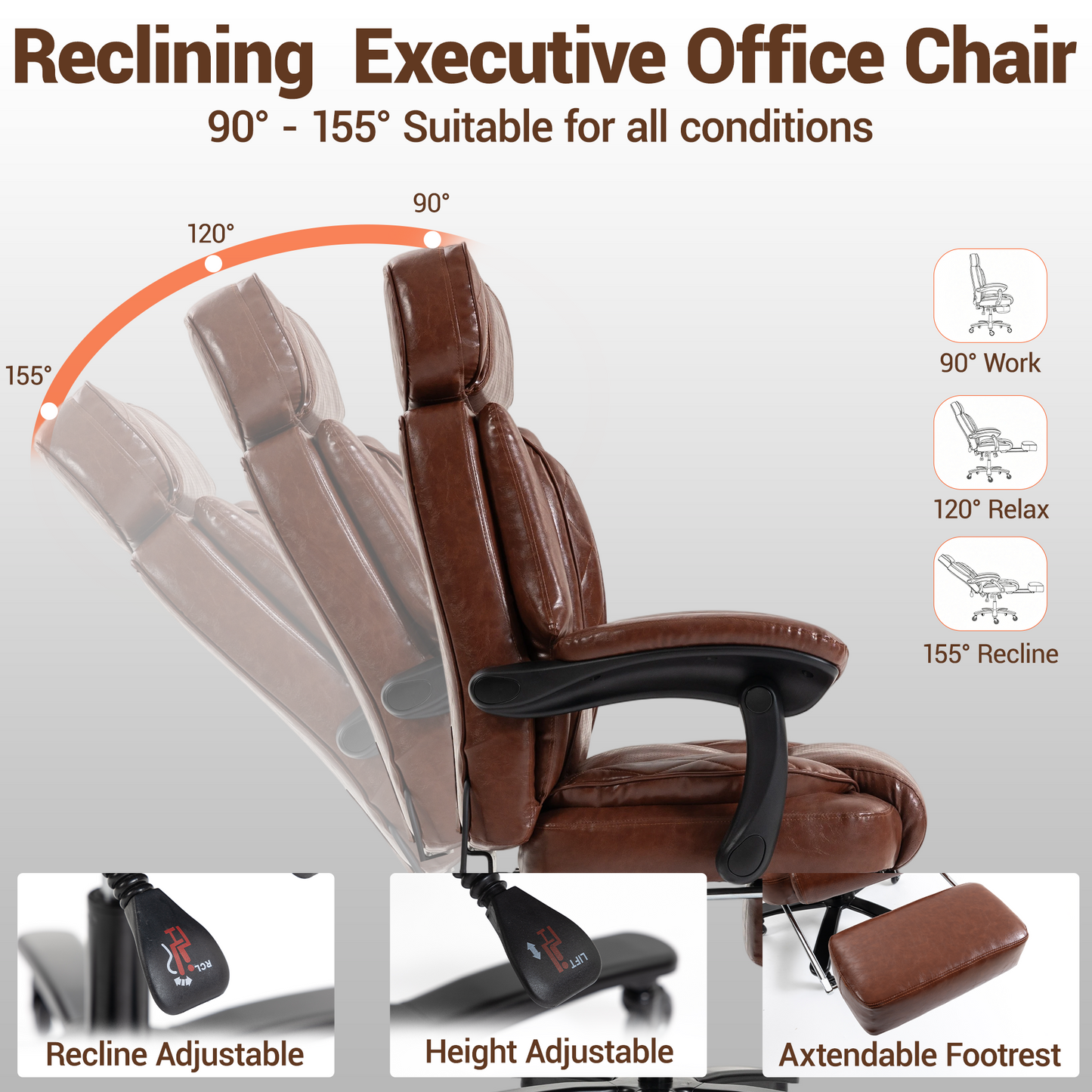 DELMANGO Big and Tall Office Chair, Heavy Duty Executive Office Desk Chair with Footrest, Waist Lumber Support, Adjustable Headrest, Brown