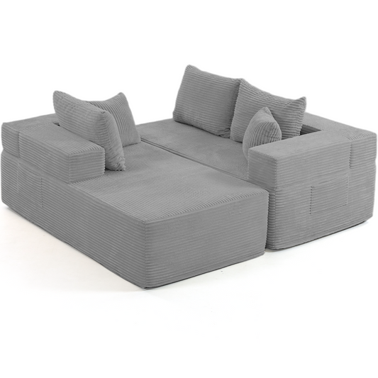 DELMANGO Modular Sectional Sofa with L-Shape Chaise, Corduroy Boneless Couch Set for Living Room, No Assembly Required, Grey