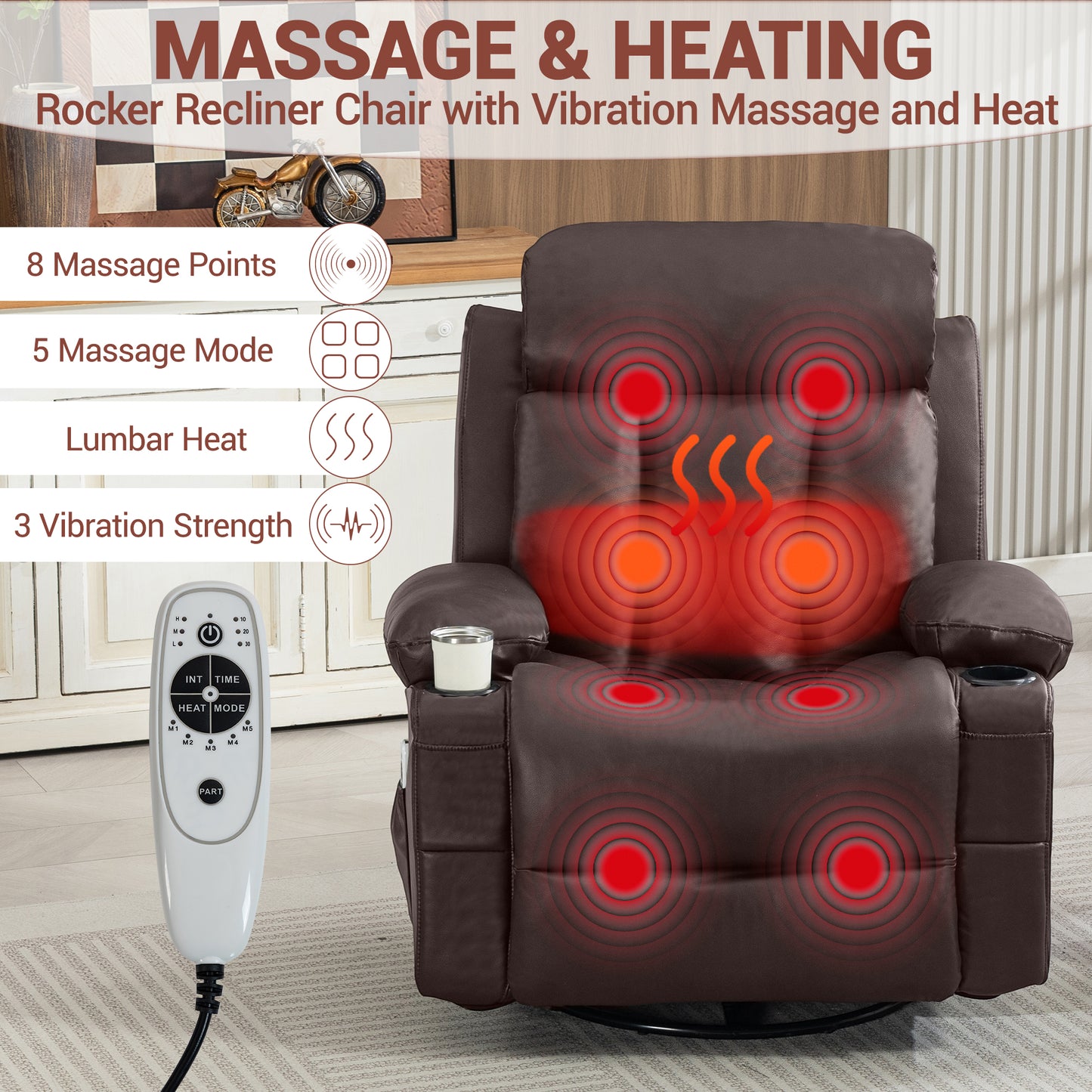 Delmango Power Recliner Chair for Audlts PU Leather Swivel Rocker Recliner Chair Massage Sofa Chair for Living Room Brown