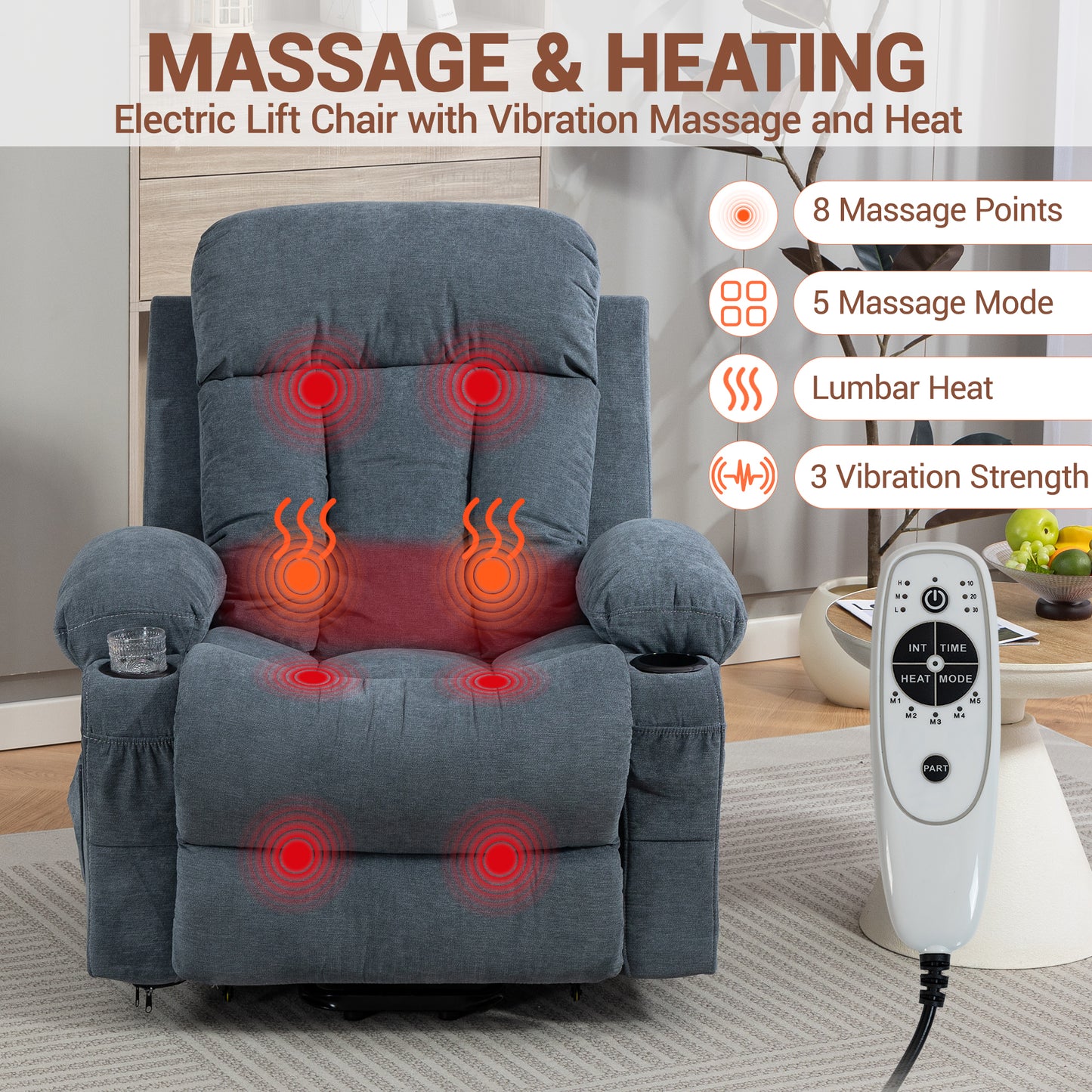 DELMANGO Power Lift Recliner Chair for Elderly, Electric Oversized Reclining Sofa with Vibration Massage & Heat, Cup Holder and USB Charging Port for Living Room, Blue