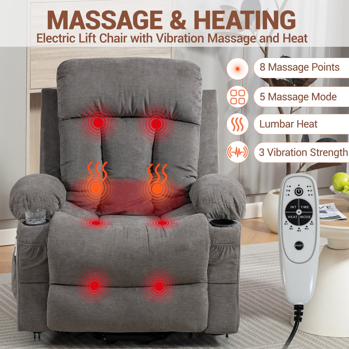 DELMANGO Power Lift Recliner Chair for Elderly, Electric Oversized Reclining Sofa with Vibration Massage & Heat, Cup Holder and USB Charging Port for Living Room, Brown