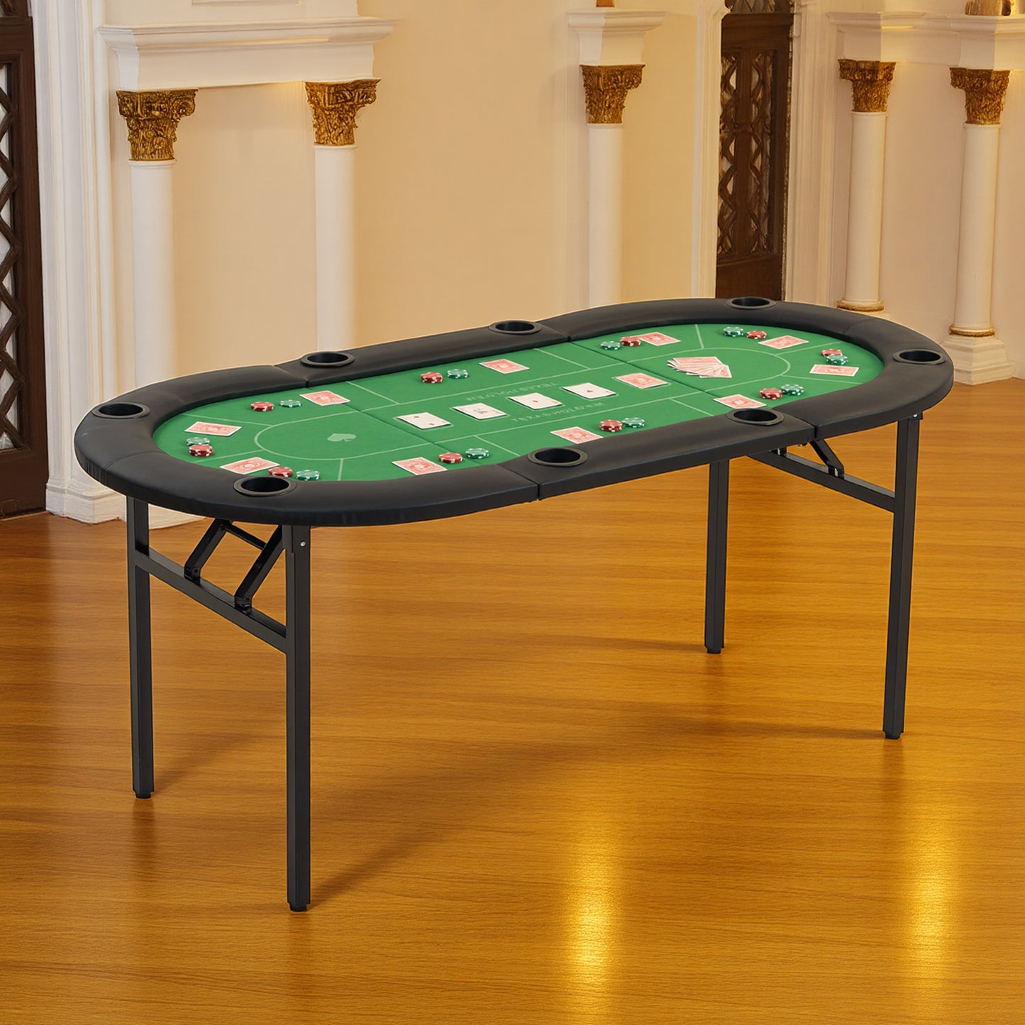 DELMANGO Foldable Poker Table for 8 Players Oval Game Table with Cup Holders & Chip Trays, Portable Casino Table for Texas Holdem, Blackjack, Home Game Nights Green