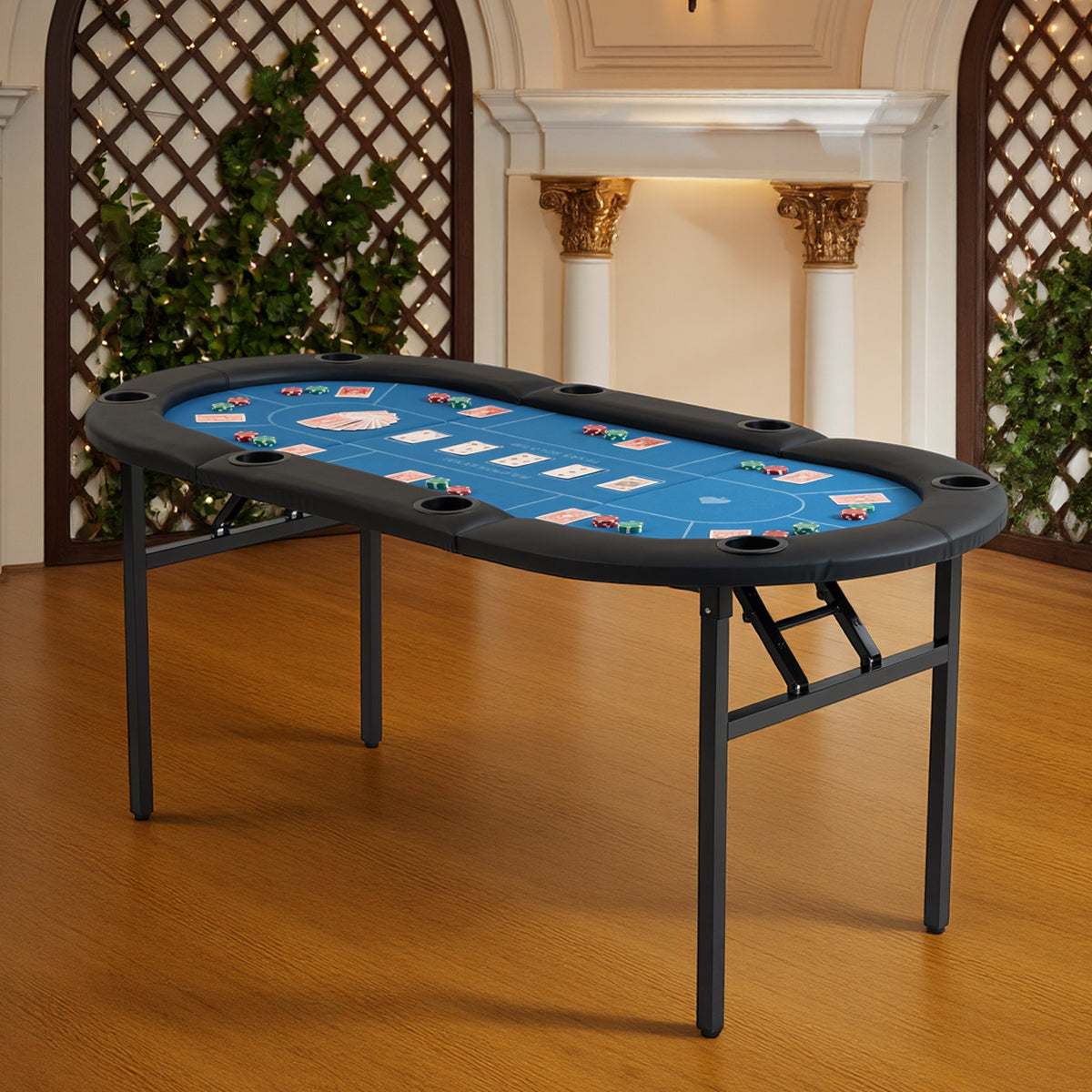 DELMANGO Foldable Poker Table for 8 Players Oval Game Table with Cup Holders & Chip Trays, Portable Casino Table for Texas Holdem, Blackjack, Home Game Nights Blue