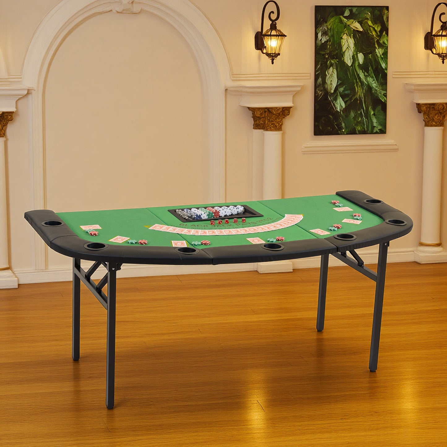 DELMANGO Foldable Poker Table for 7 Players Fan-Shaped Game Table with Cup Holders & Chip Trays, Portable Casino Table for Texas Holdem, Blackjack, Home Game Nights Green