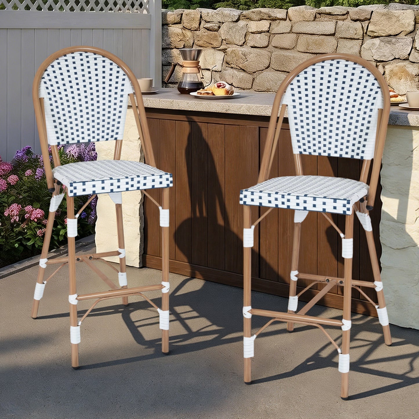 DELMANGO Bar Stool Set of 2 with Wood Print Finish French Counter Height Patio Rattan Bar Stool Chairs for Porch Garden Indoor Kitchen, White/Black